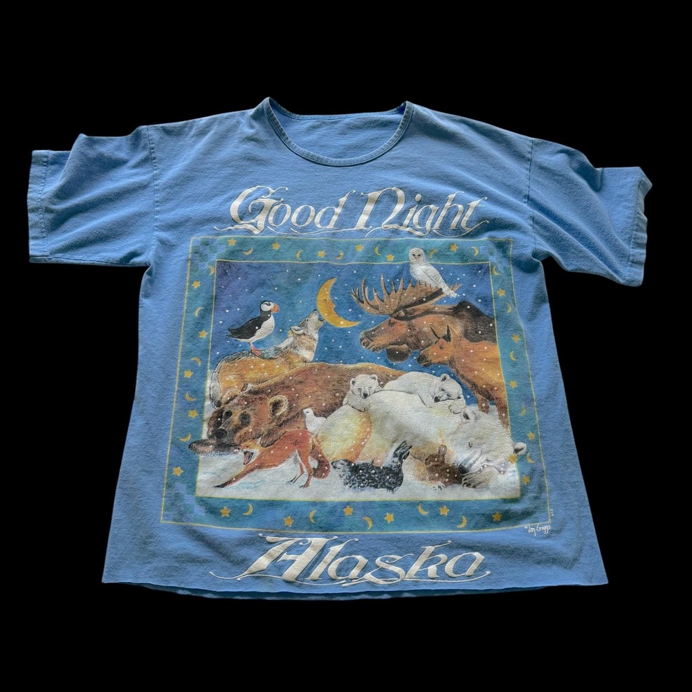80's Jan Griggs Good Night Alaska Wildlife T-Shirt Blue Unisex L XL